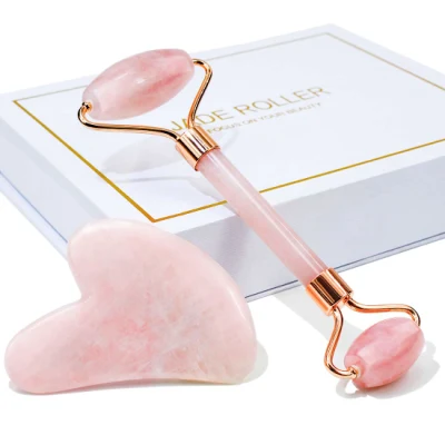 Logo personnalisé boîte visage en cristal naturel Gua Sha conseil Rose Quartz visage Jade rouleau ensemble avec boîte-cadeau