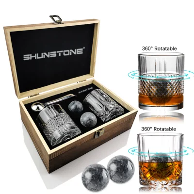 Gobelets Moderne Rotation Verre à Vin Cristal Whisky Verre Whisky Pierres Boule Coffret Cadeau avec Boîte En Bois pour Homme